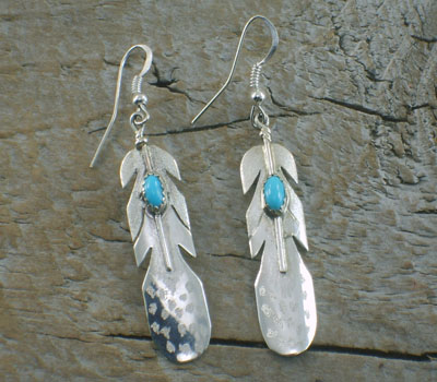 Native American Silver Feather Earrings & Turquoise
